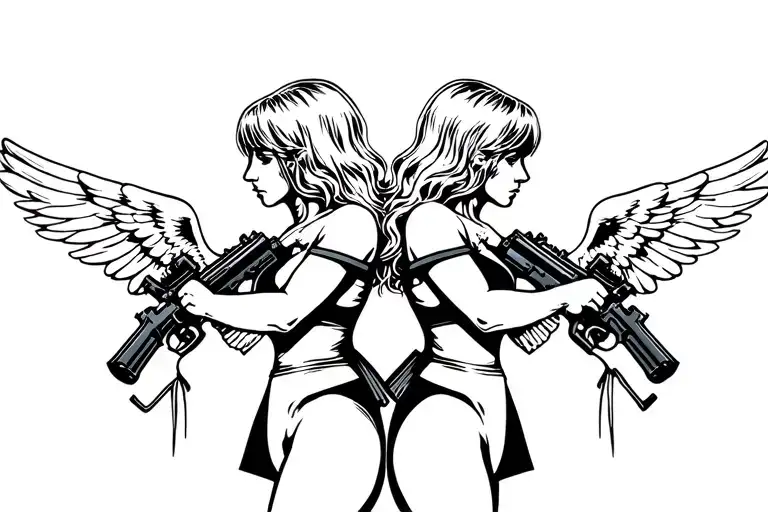 1999 Tattoo With 2 Angels Back To Back With Guns Tattoo Ak47