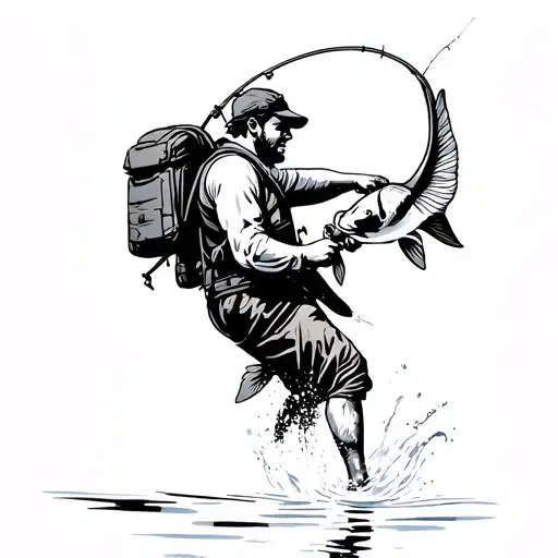A Man Fishing With A Backpack On While Fighting A Fish Jumping Out Of The Water
