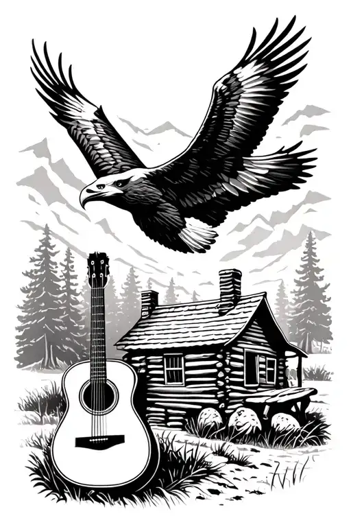 Acoustic Guitar Sitting Beside A Log Cabin And A Bald Eagle Flying