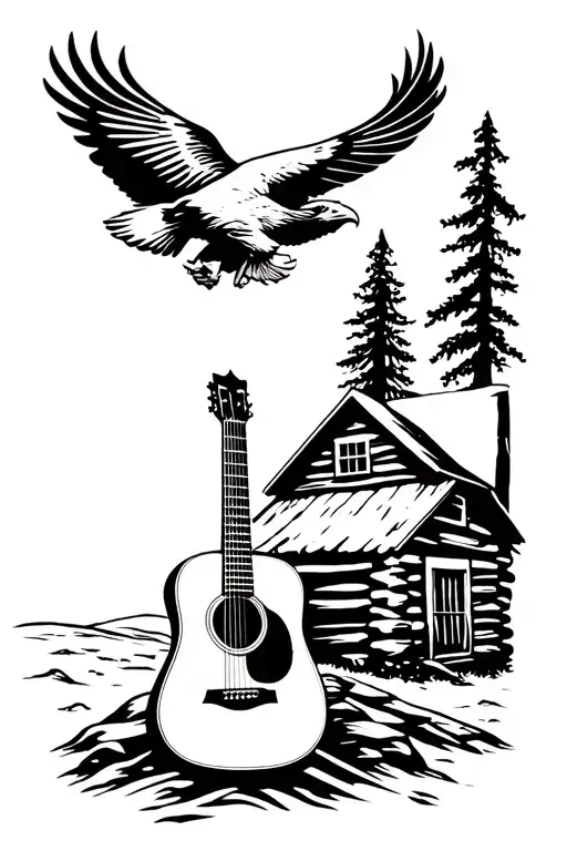Acoustic Guitar Sitting Beside A Log Cabin And A Bald Eagle Flying