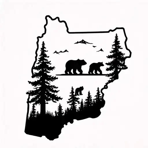 Forest Scene With 3 Bears Family Within An Oregon State Outline