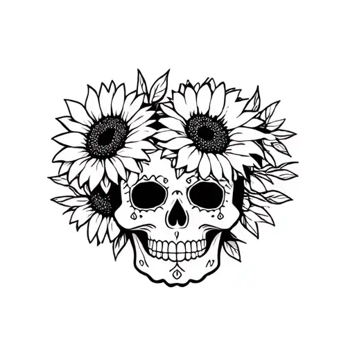 Sugar Skulls With Sunflowers Intertwined