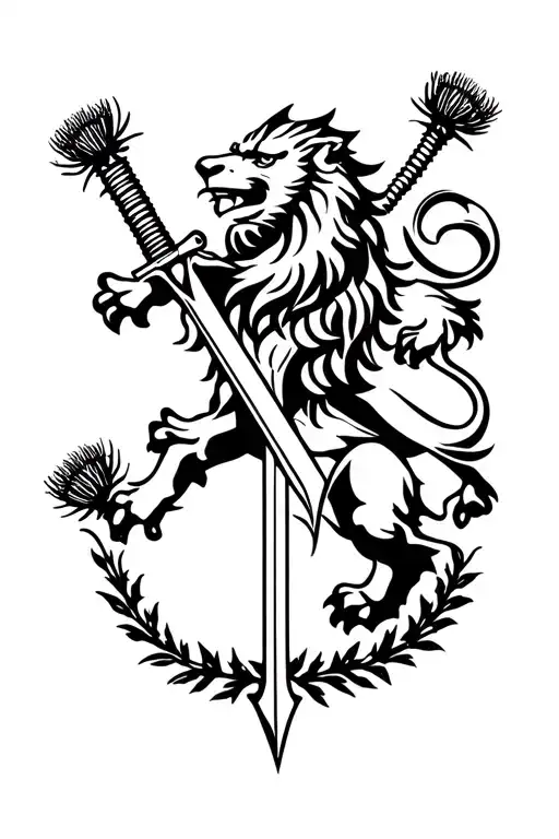 A Scottish Lion Rampant Intertwined With Scottish Thistles And A Claymore Sword