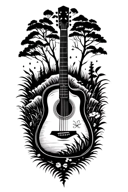 Accoustic Guitar Surrounded By Nature Scene