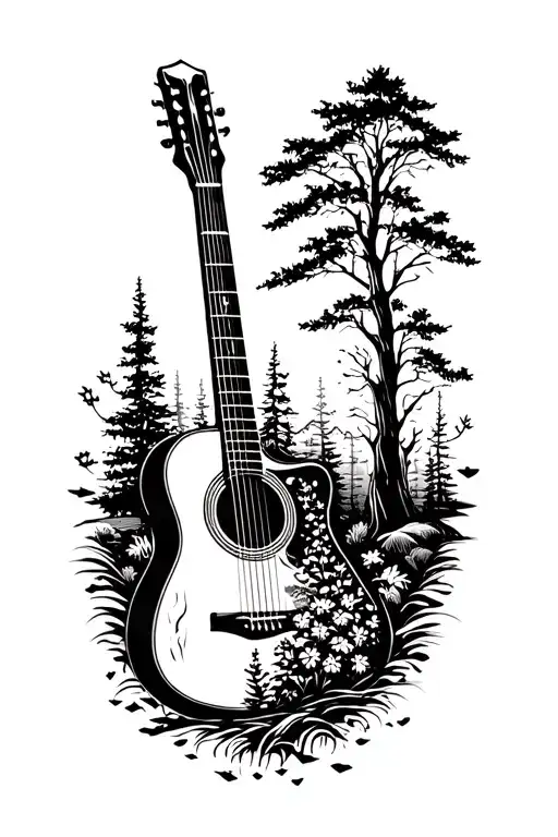 Accoustic Guitar Surrounded By Nature Scene