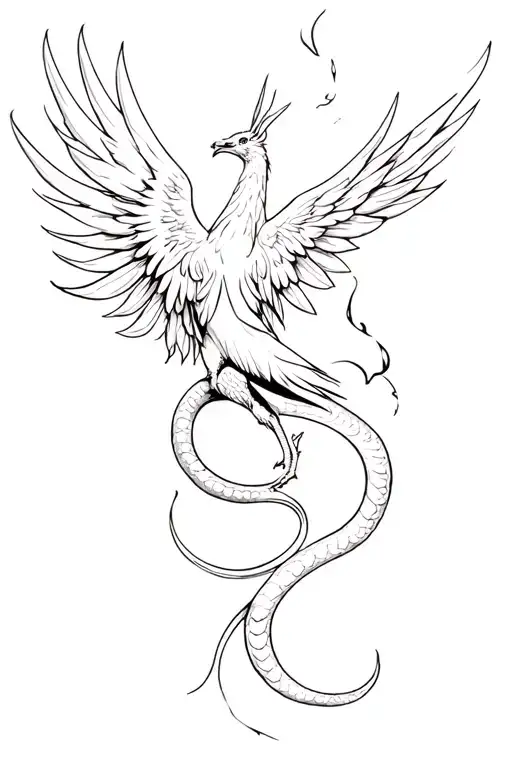 Phoenix Smoking And Snaking Acorss Upper Thigh Tattoo With A Longer Firey Tail In Black And White