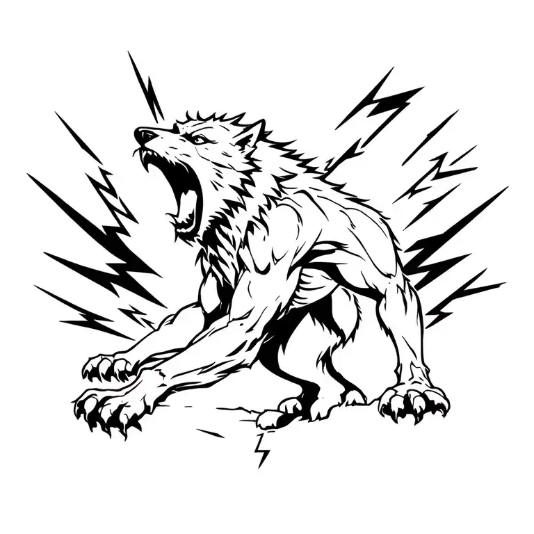 Full Body Howling Werewolf Surrounded By Lightning