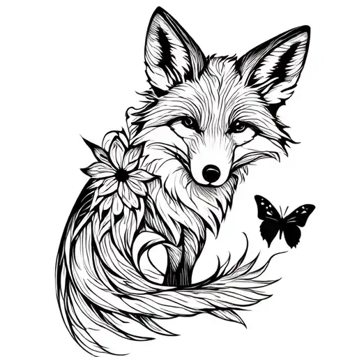 Sexy Black Fox And Butterfly Simple Line Drawing