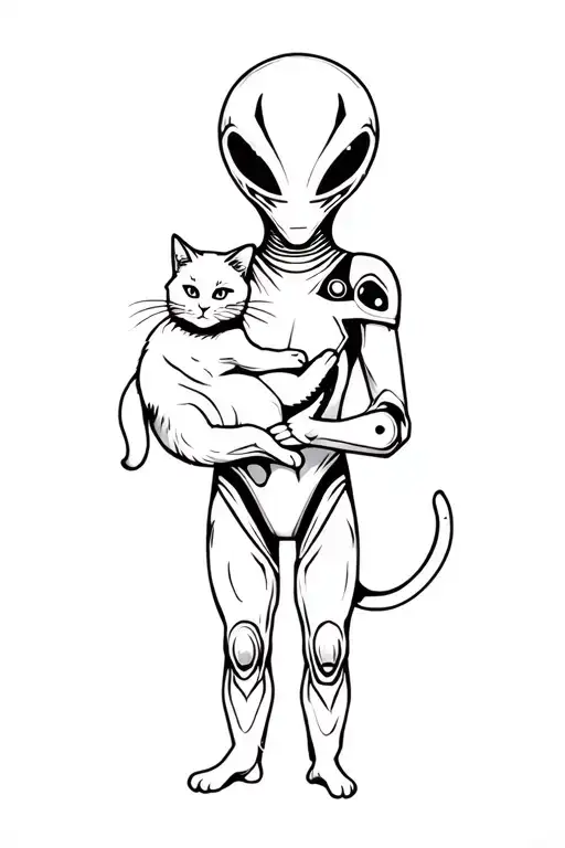 Alien Standing And Holding A Cat In His Arms Basic And Simple