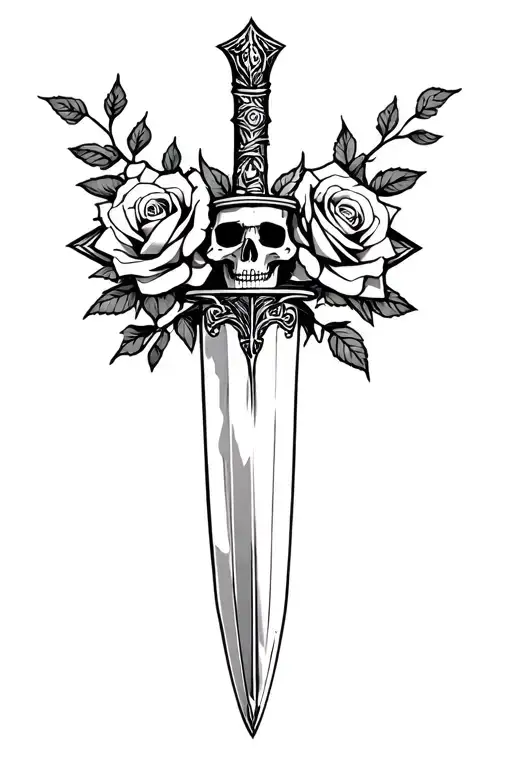 Dagger With Roses And A Skull Surrounded