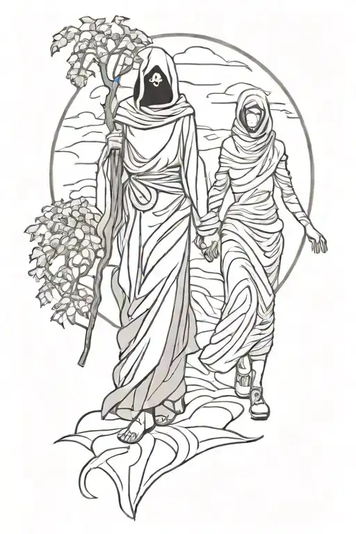 Girl And Reaper Walking A Path Hand In Hand