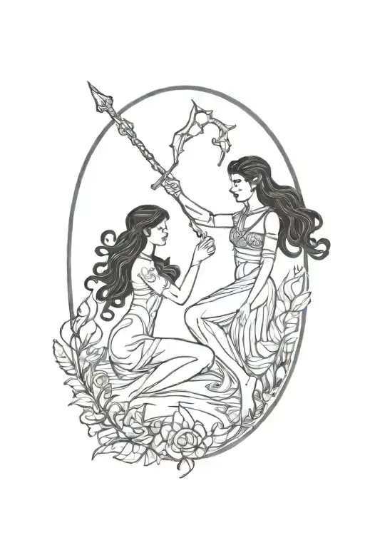 Tarot Card Of Dark Haired Girl Guiding A Demon By The Hand