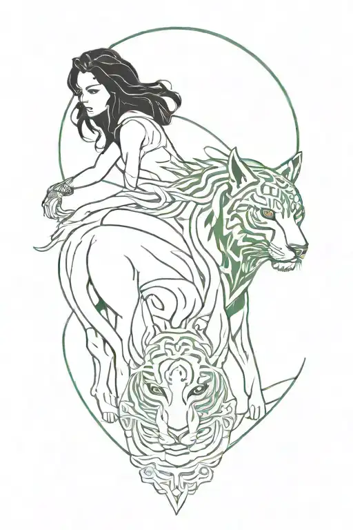 Dark Haired Woman With Green Eyes Guiding A Shadow Beast Along A Path