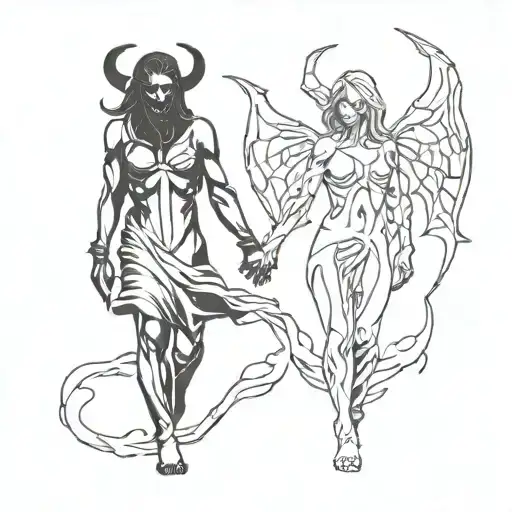 A Drawing Of A Girl And A Demon Walking Holding Hands