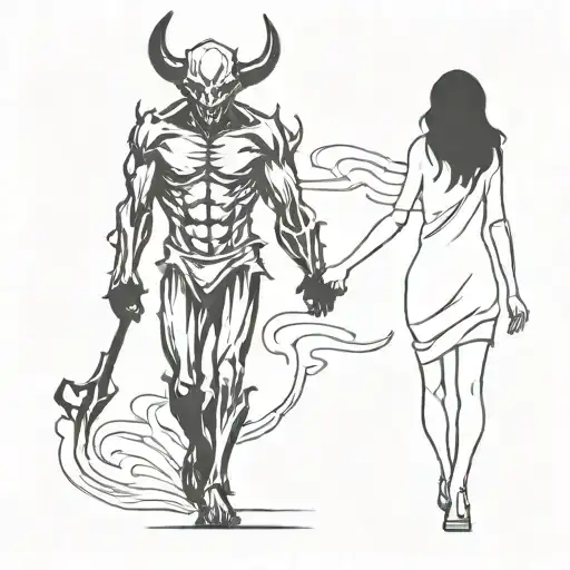 A Drawing Of A Girl And A Demon Walking Holding Hands