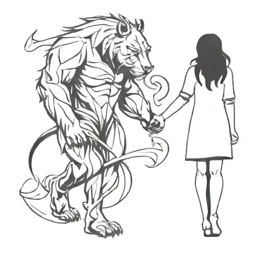 A Drawing Of A Girl And A Beast Walking Holding Hands
