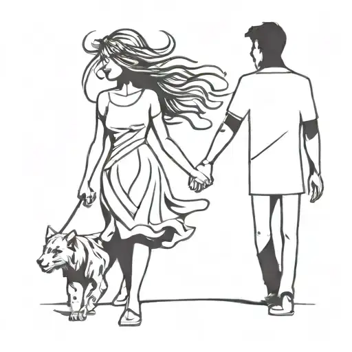 A Drawing Of A Girl And A Shadowy Beast Walking Holding Hands