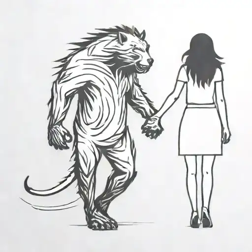 A Drawing Of A Girl And A Sad Shadowy Beast Walking Holding Hands