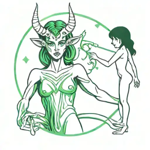 A Drawing Of A Girl With Green Eyes Leading A Demon By The Hand