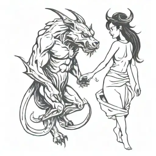 A Drawing Of A Girl And A Demon Beast Sotting Side By Side