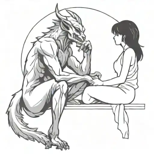 A Drawing Of A Girl And A Demon Beast Sitting Side By Side Looking At The Night