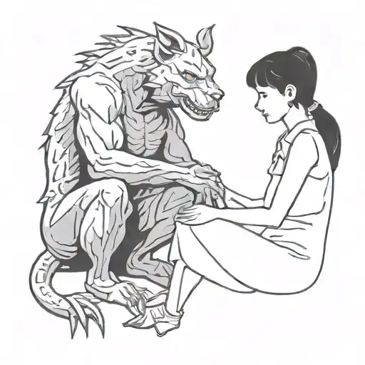 A Drawing Of A Girl Comforting A Demon Beast Sitting Side By Side