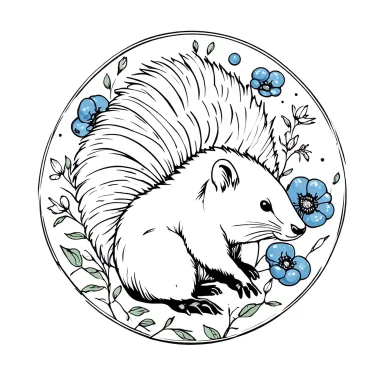 Skunk With Blueberries And Poppies Around It