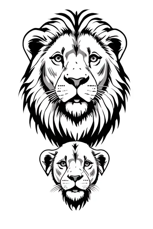 2 Lion Puppies In Front And The Fierce Adult Lion Behind Protecting