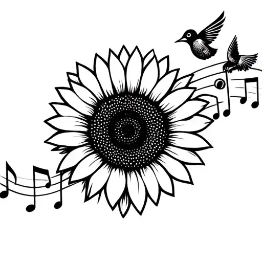 Sunflower Music Notes Bird Flying Away