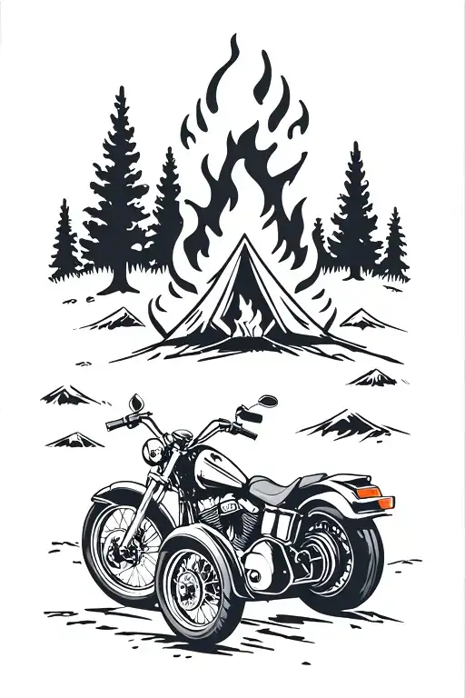 Harley Davidson Next To A Camp Site With A Fire
