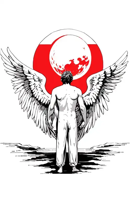 Angels Looking Over Man Standing With His Head Down With Red Moon In The Back