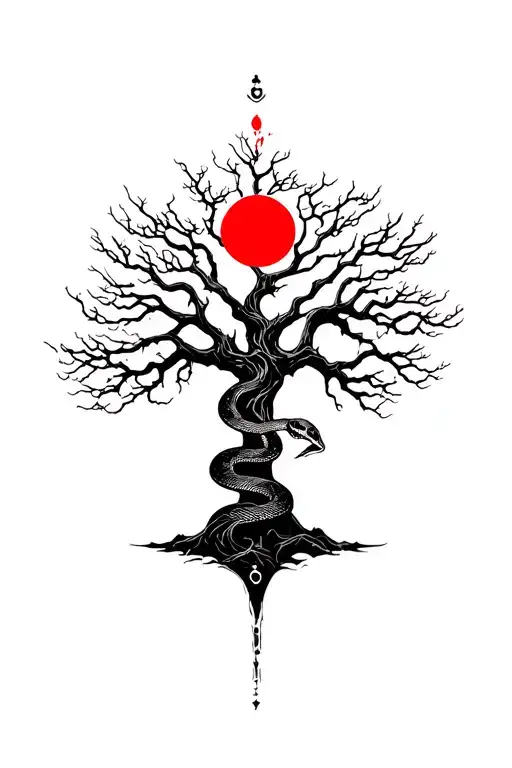 Poison Tree With Snake Wrapped Around The Tree With Red Moon In Back