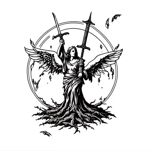 Angel Holding A Sword Through A Poison Tree With A Snack Wrapped Around It