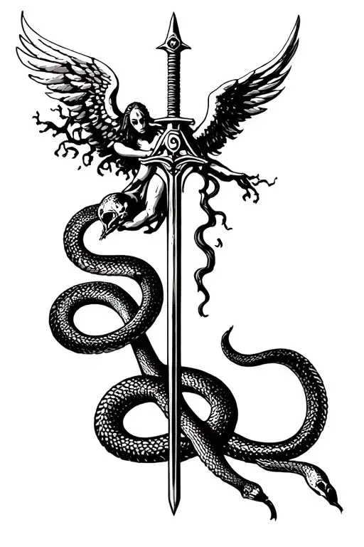 Poison Tree With A Snake Wrapped Around It With A Angel Hovering Above With A Sword
