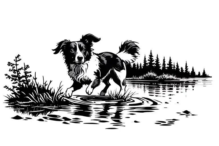 Running Border Collie In Wilderness With Water
