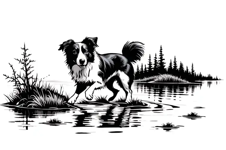 Running Border Collie In Wilderness With Water