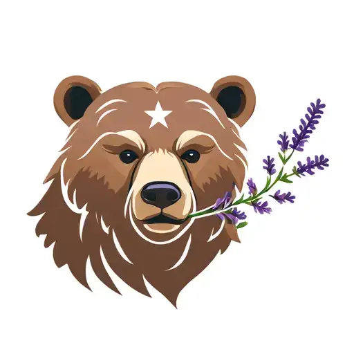 The Head Of A Wise Brown Bear With A Lavendar Sprig In Its Mouth And Star On It's Forehead
