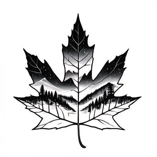 An Outline Of A Maple Leaf Woth A Scene Of Pine Trees And Northern Lights Inside It