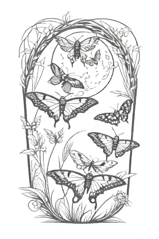 3 Colorful Moths In Front Of Grass And Full Moon Shining