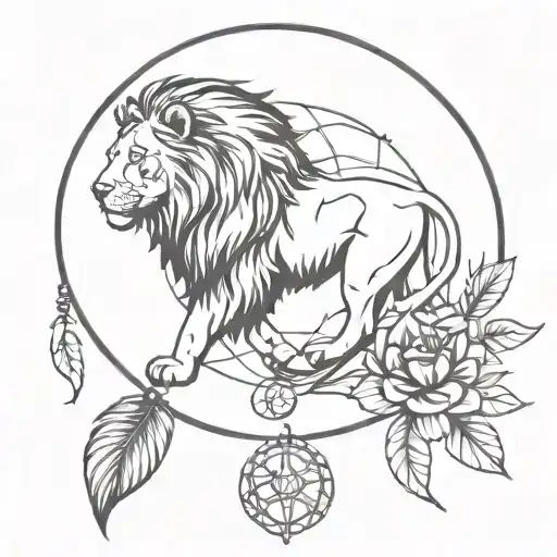 Dreamcatcher With Lion And Lotus Flowers