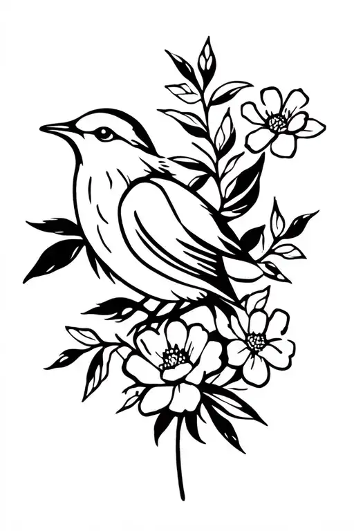 Bird On Flowers And Leaves