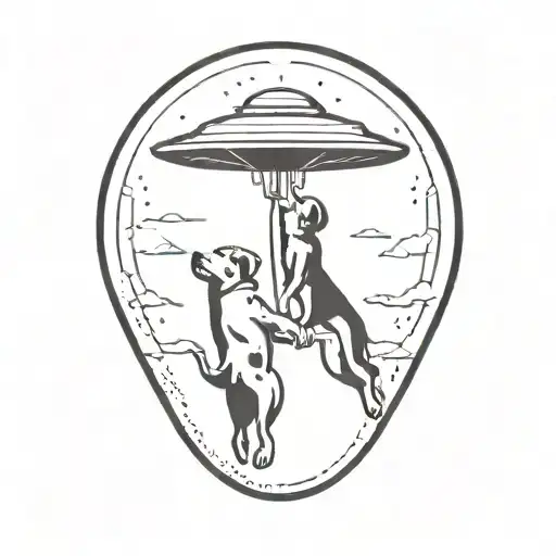 A Dog And Woman Being Lifted Up Into A Ufo