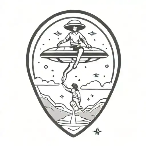 A Dog And Woman Being Lifted Up Into A Ufo Hovering