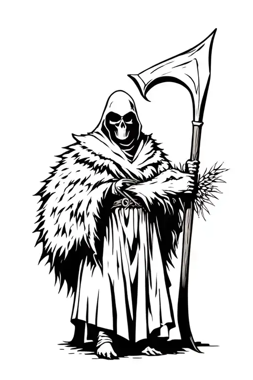 Grim Reaper Wearing A Wolf Skin Pelt Holding A Grain Scythe
