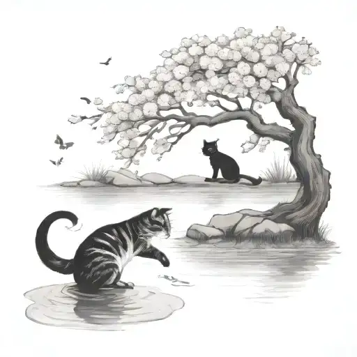 Pond With A Cherry Blossom Tree And Cat Reaching Into Water To Catch Fish