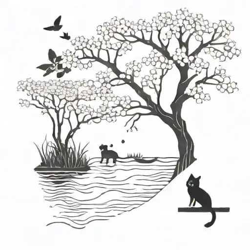 Pond With A Cherry Blossom Tree And Cat Reaching Into Water To Catch Fish