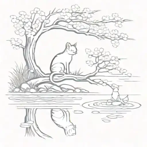 Pond With A Cherry Blossom Tree And Cat Reaching Into Water To Catch Fish