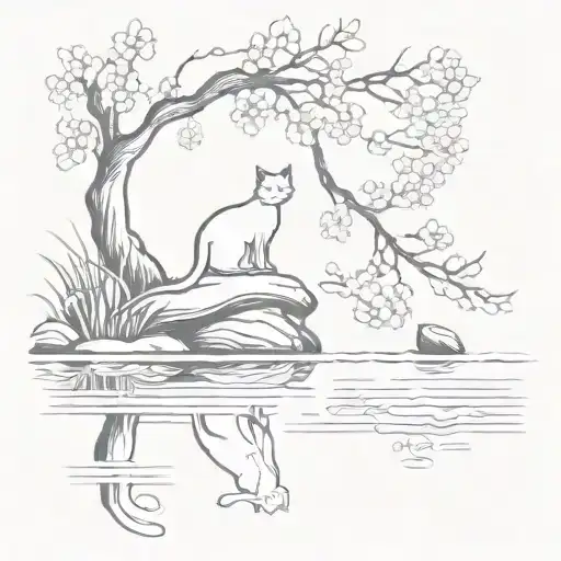 Pond With A Cherry Blossom Tree And Cat Reaching Into Water To Catch Fish