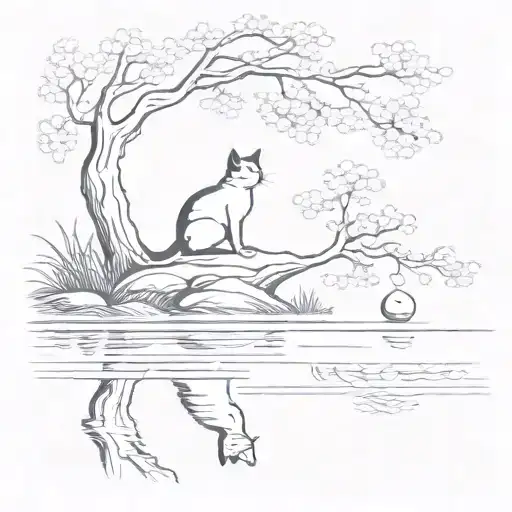 Pond With A Cherry Blossom Tree And Cat Reaching Into Water To Catch Fish