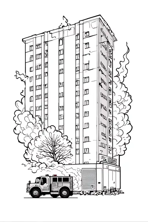 Structure Fire Scene With Buring Building And Fire Engine